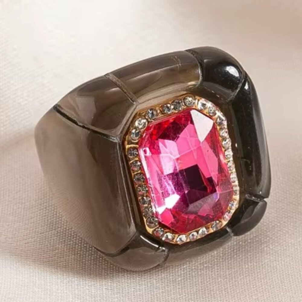 Geometric Black Resin Ring Pink Crystal Rhinestone Accent Size 7 NEW